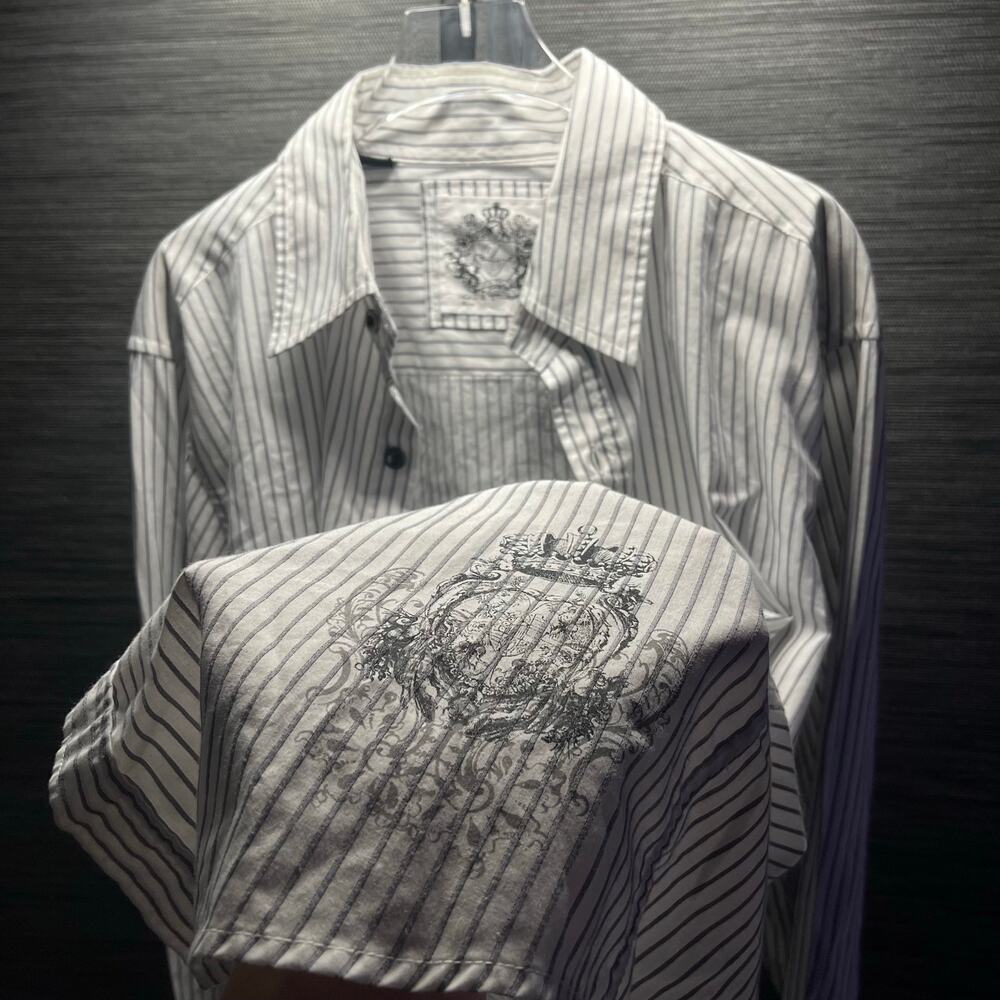Level Ten Men's Striped Crown Wings Graphic Button Up Shirt size L Long Sleeve